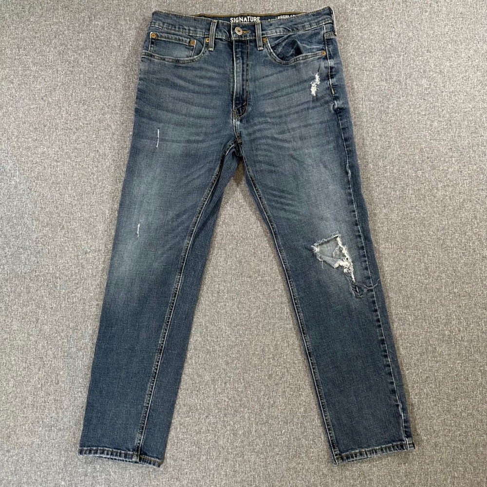 Signature Levi Strauss S47 Mens‎ Regular Taper Jeans Blue Denim 34x30 Distressed